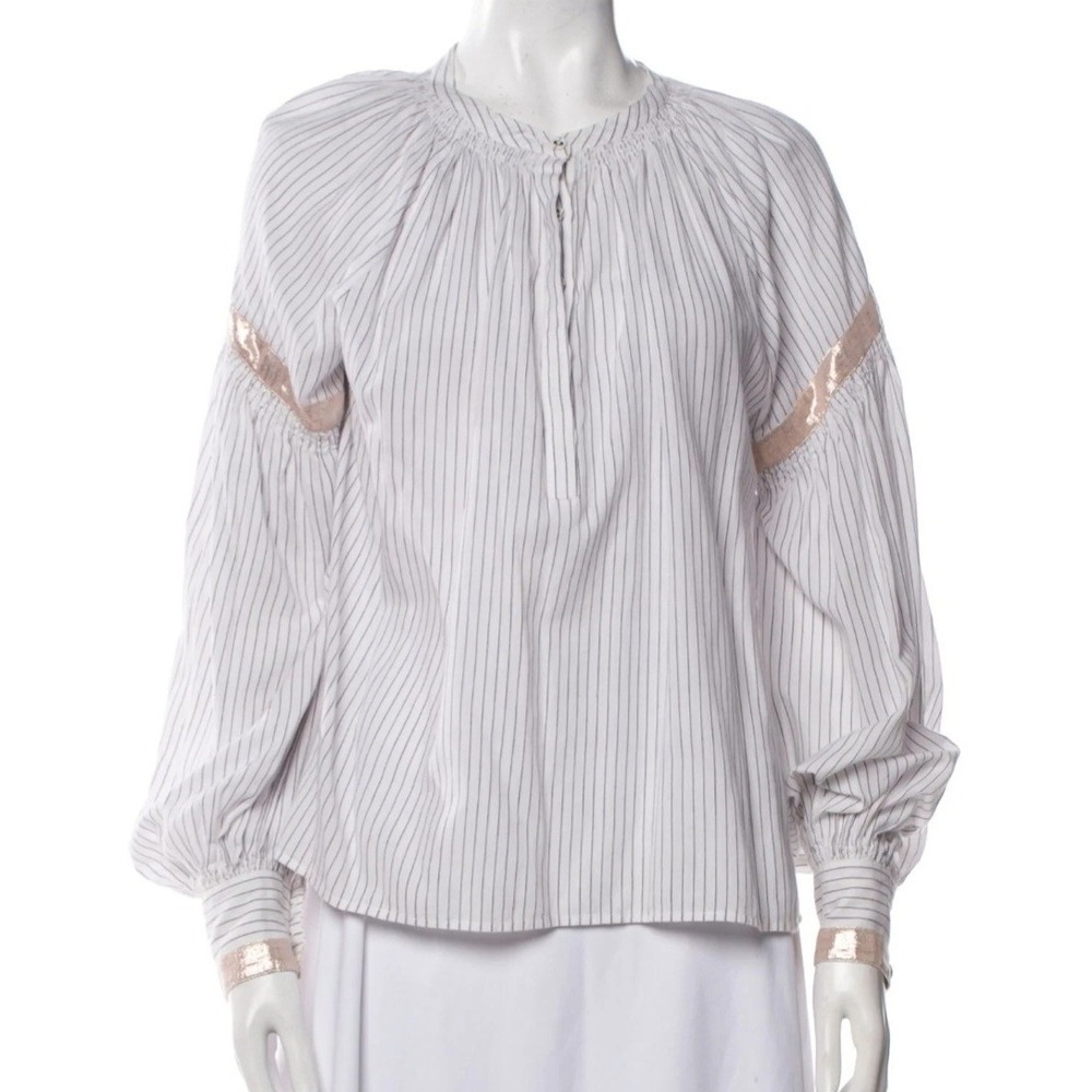 Ulla Johnson Womens Striped Mock Neck Blouse White Cotton Size 6